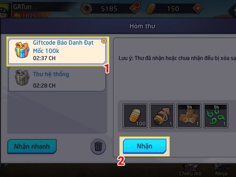 Chọn thư và nhận quà Tại đây bạn có thể chọn vào thư chưa đọc và nhấn nhận bên dưới