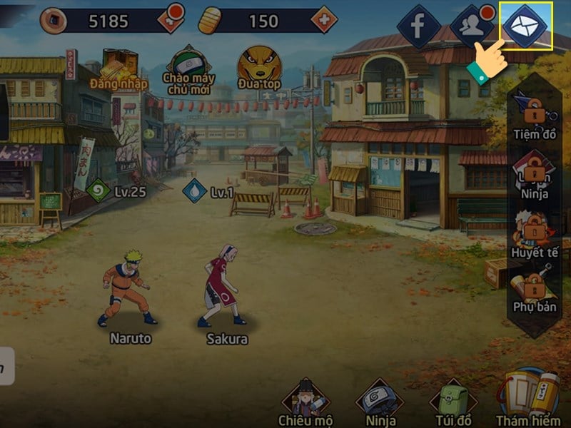 Nhấn vào thư Tiếp tục trong giao diện game bạn hãy nhấn vào biểu tượng lá thư.
