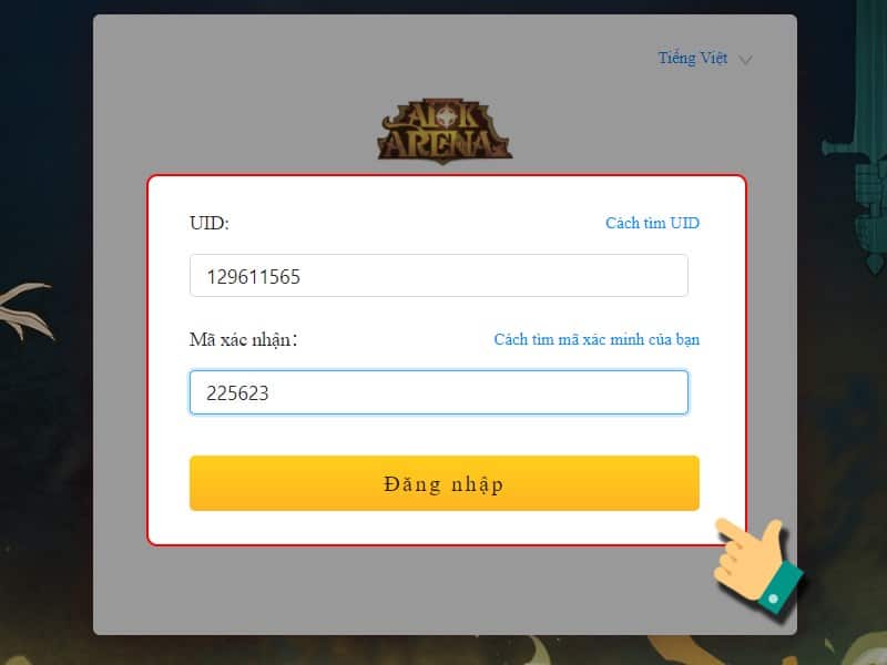 Nhập ID nhân vật và mã xác nhận Code AFK Arena
