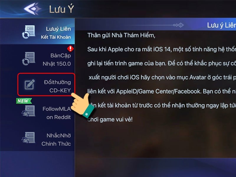 Chọn đổi Chọn Đổi thưởng CD-KEY ở danh sách bên trái.