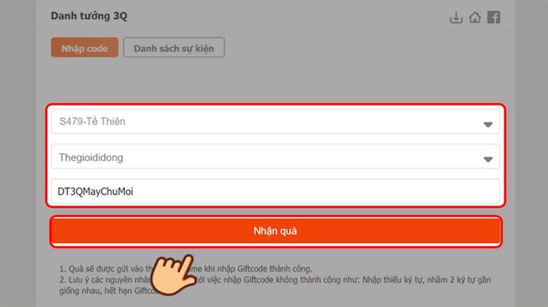 Chọn máy chủ, nhân vật và nhập code vào ô.