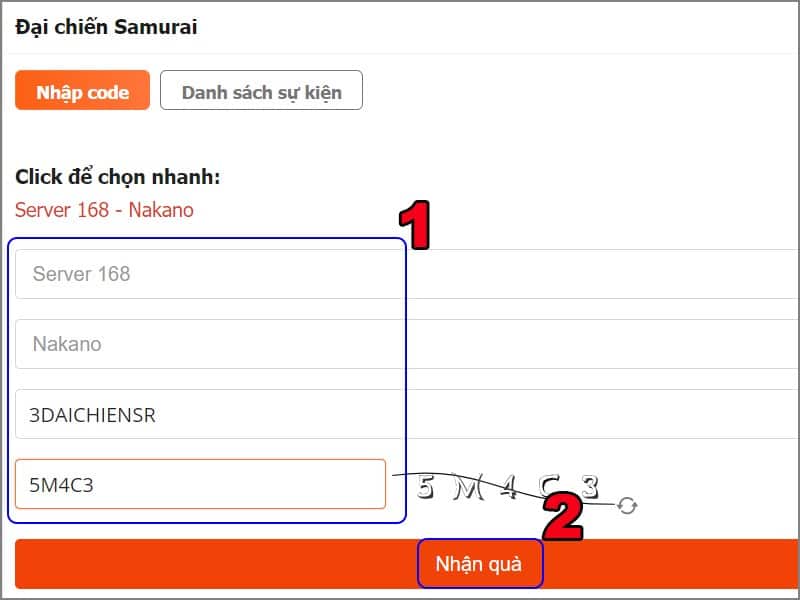 Chọn server, nhân vật và nhập code Code Đại Chiến Samurai