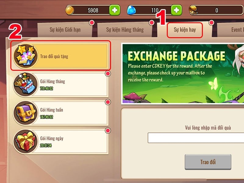 Chọn trao đổi quà tặng Code Idle Heroes