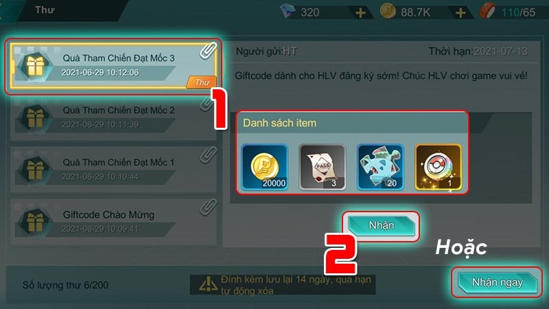 Nhận quà Chọn vào thư và nhấn Nhận hoặc bạn có thể nhấn Nhận ngay để nhận tất cả quà.