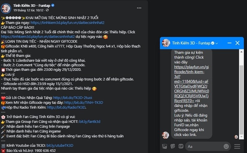 Hoàn thành nhiệm vụ để nhận link chứa code tại hộp tin nhắn trên Facebook từ trang fanpage. Hoàn thành nhiệm vụ để nhận link chứa code