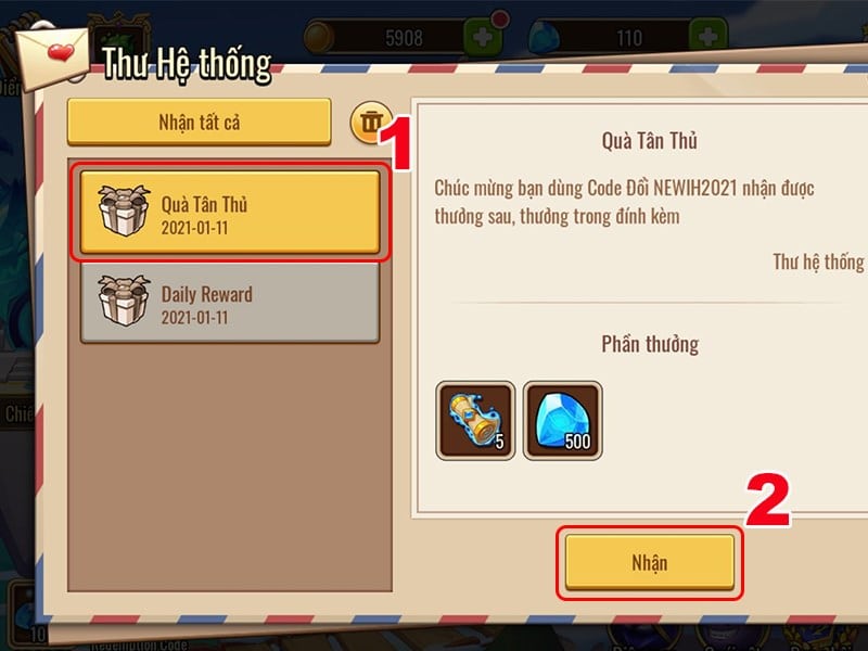 Nhận quà tặng thành công Code Idle Heroes