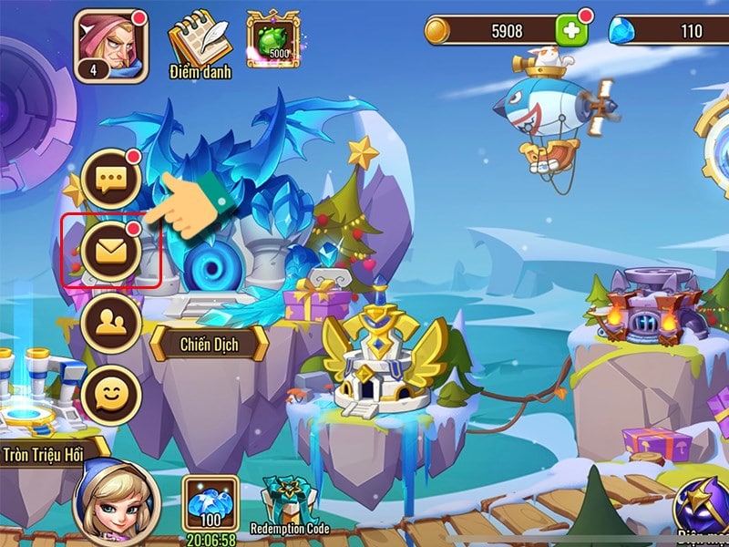 Nhấn vào Thư Code Idle Heroes