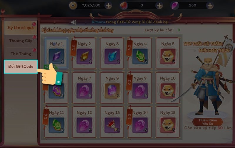 Chọn tab Giftcode Code Yêu Linh Giới