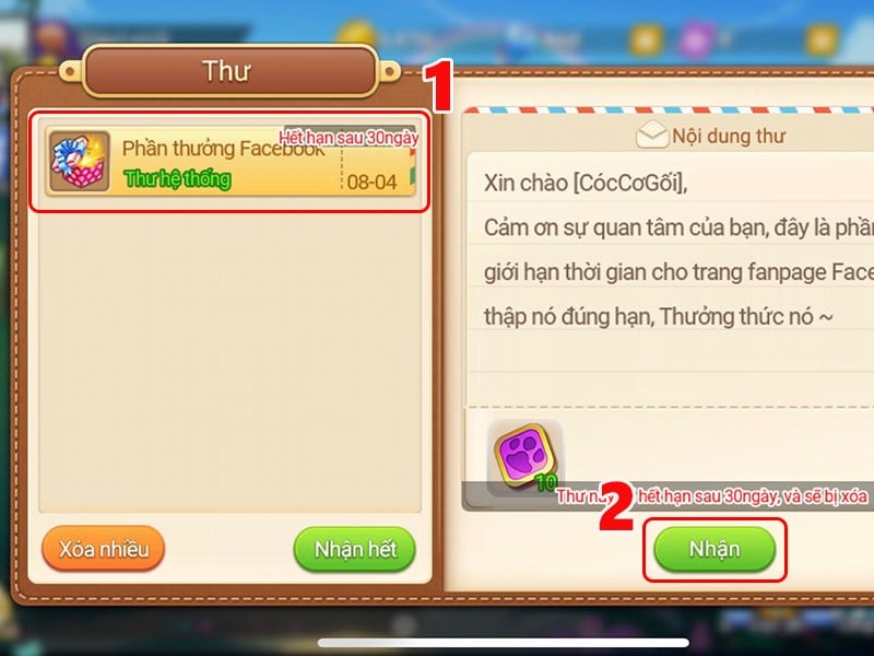 Nhần quà thành công Nhấn vào thư và Nhận Code Ddtank
