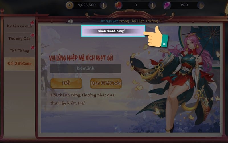 Nhập thành công Code Yêu Linh Giới