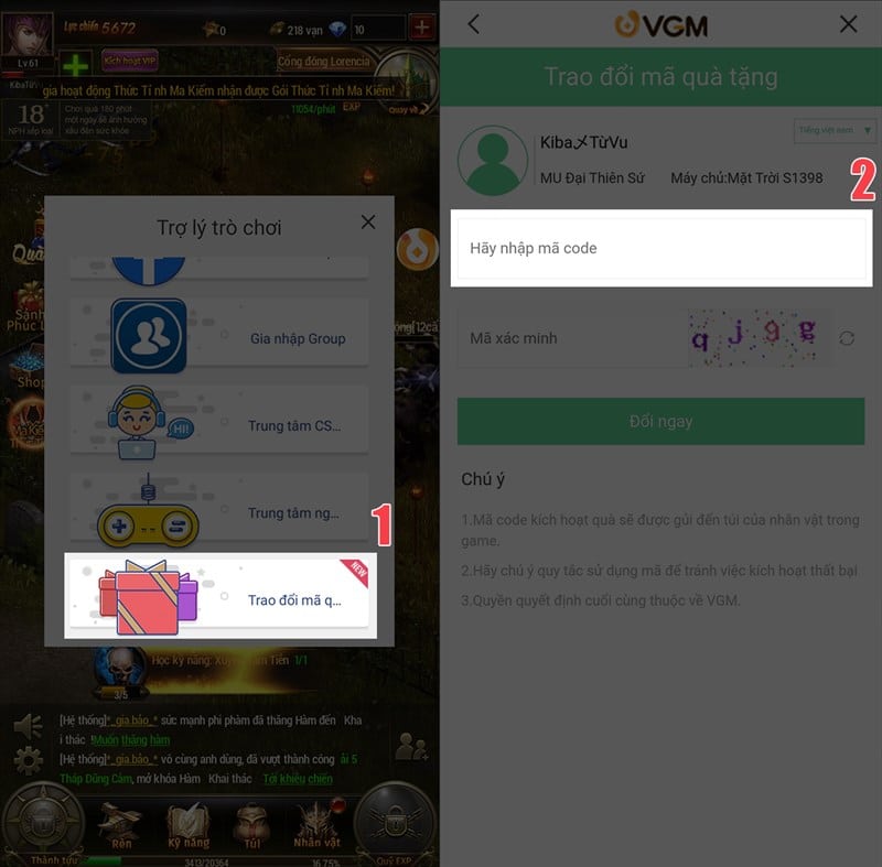 Trung tâm quà tặng Trong bảng trợ lý trò chơi bạn hãy nhấn vào mục Trao đổi mã quà