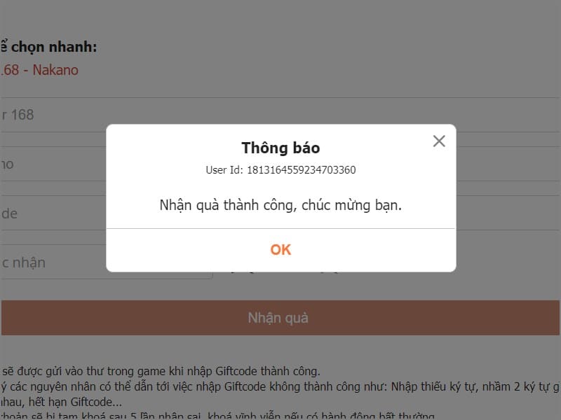 Thông báo nhận thưởng thành công Code Đại Chiến Samurai