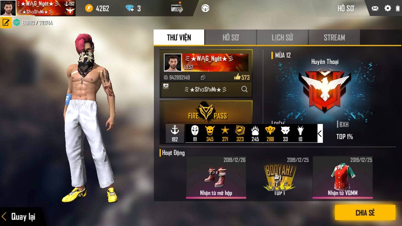 Ảnh ACC Free Fire rank Huyền Thoại VIP đỉnh