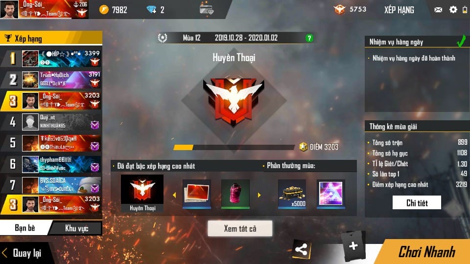 Ảnh ACC Free Fire rank Huyền Thoại VIP giàu