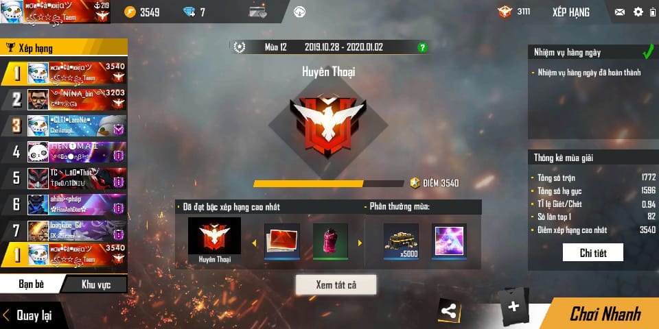 Ảnh ACC Free Fire rank Huyền Thoại VIP khủng