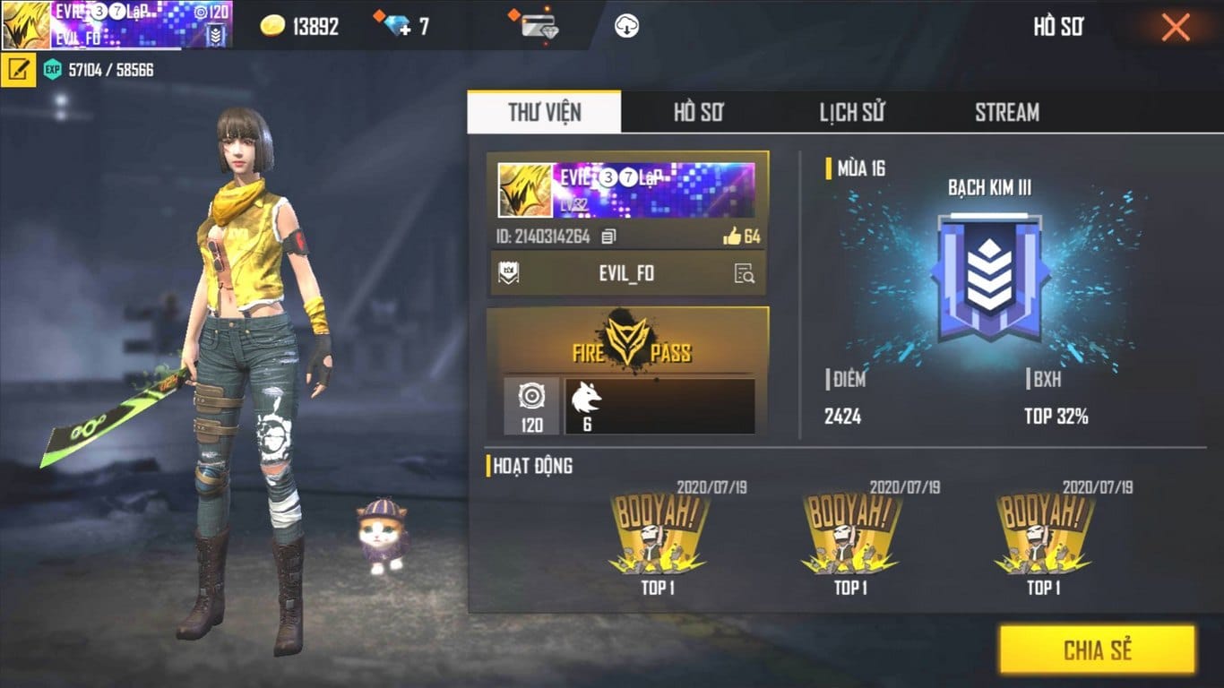 Ảnh ACC rank Bạch Kim Free Fire khủng