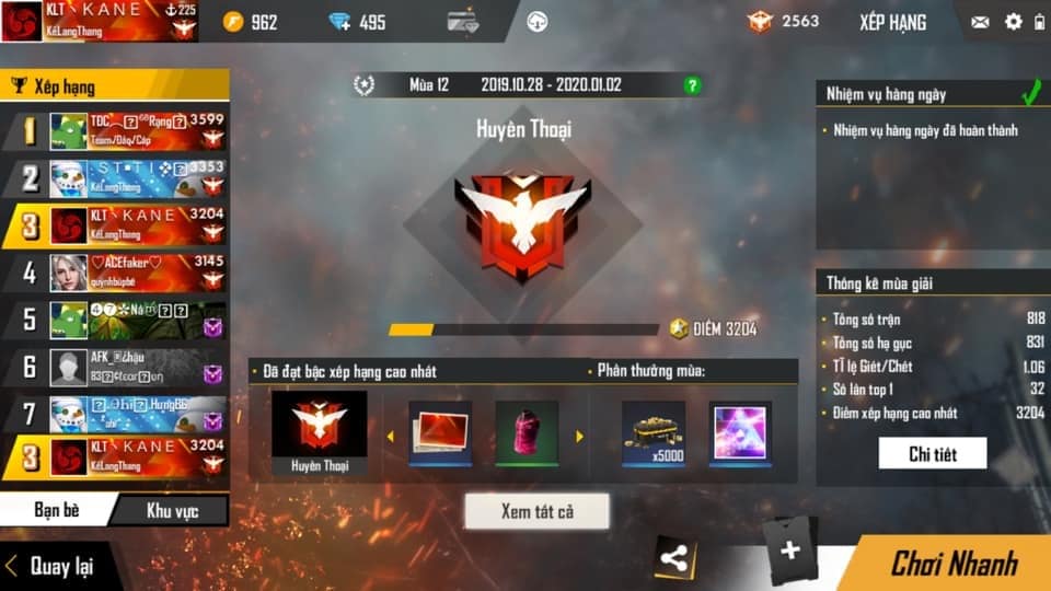 Hình ACC Free Fire rank Huyền Thoại VIP