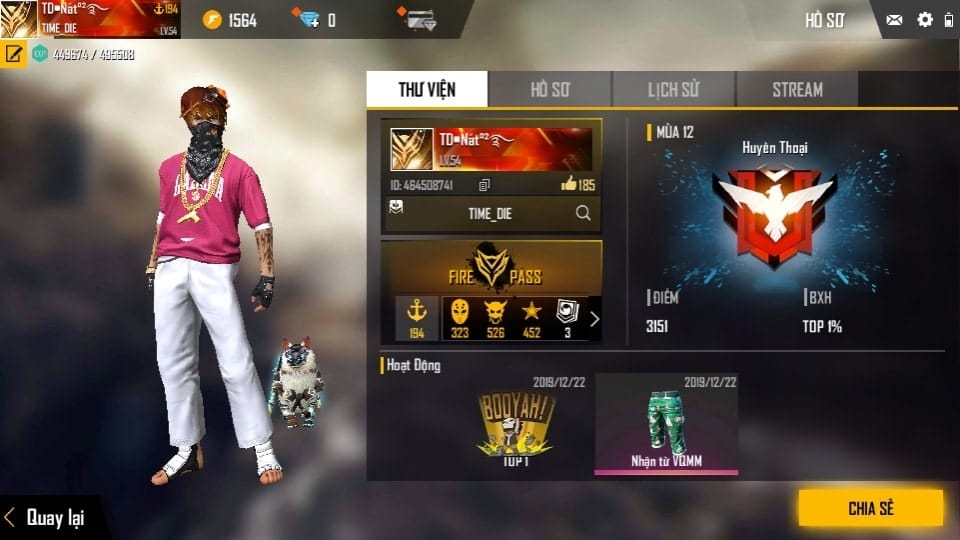 Hình ACC Free Fire rank Huyền Thoại khủng