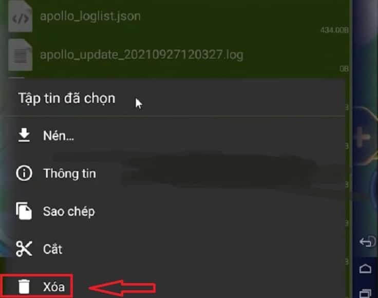 Kích giữ tầm 2s vào file đã chọn để Xoá File MOD Skin Liên Quân