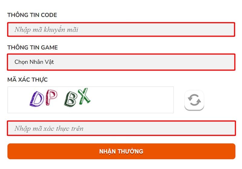 Bạn nhập thông tin mã code, chọn nhân vật và server, nhập mã xác thực.