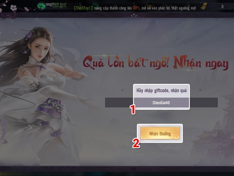 Các bạn điền mã code và nhấn nhận thưởng.