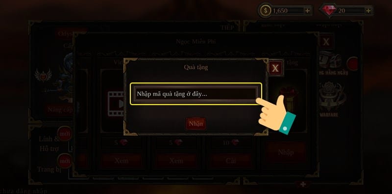 Nhập chính xác mã giftcode của bạn vào ô Nhận mã quà tặng ở đây…