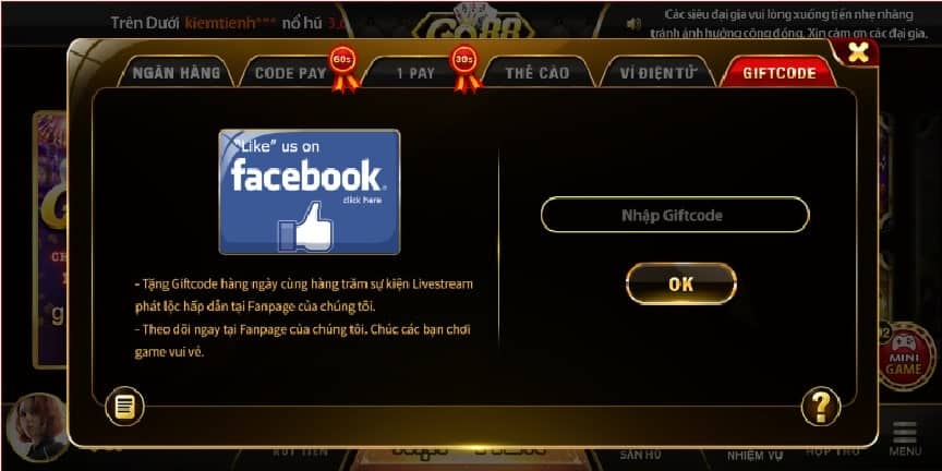 Nhập code nhận tiền thưởng