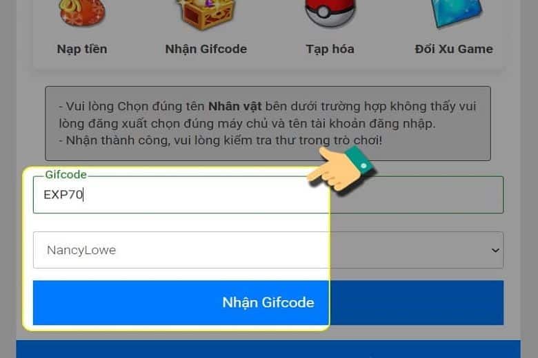 Nhập mã code mới nhất và còn hiệu lực và bấm nút Nhận.