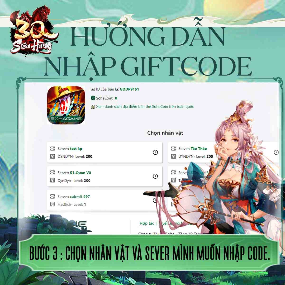 Nhập thông tin nhân vật và sever mà bạn muốn đổi giftcode.