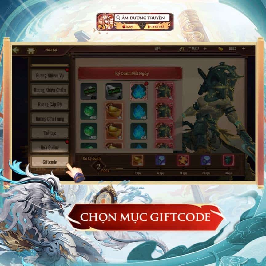 Tại bảng chọn Phúc lợi, nhấn chọn vào mục Giftcode nằm ở cuối.