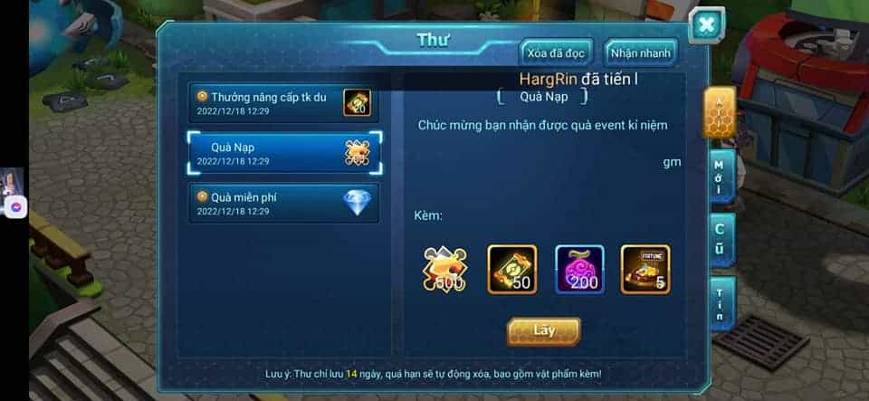 Thông báo nhận quà thưởng thành công