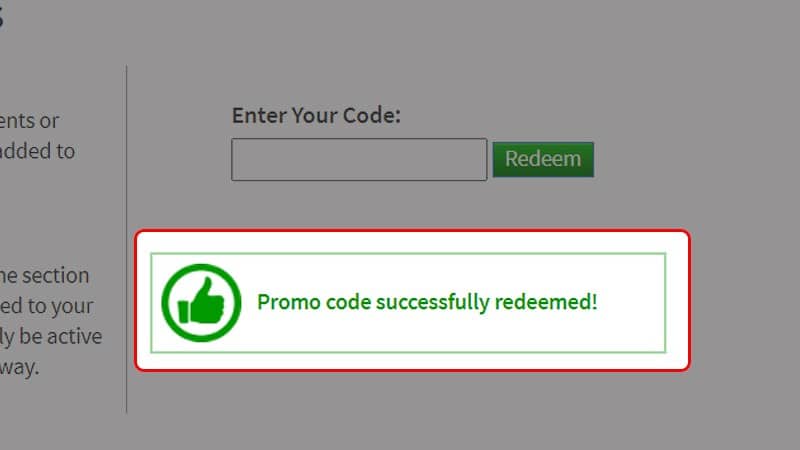Thông báo nhập mã code thành công