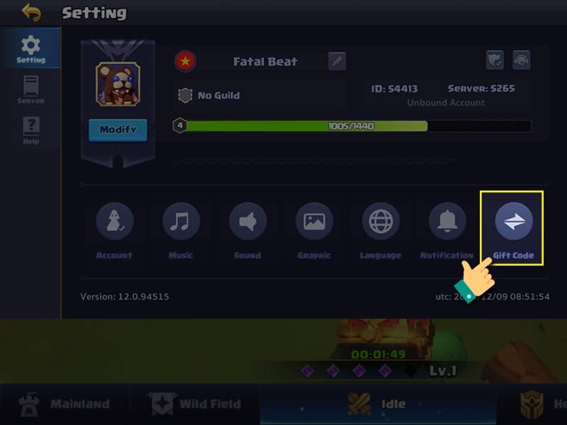 Trong cửa sổ Setting, nhấn chọn vào mục giftcode nằm ở phía bên phải.