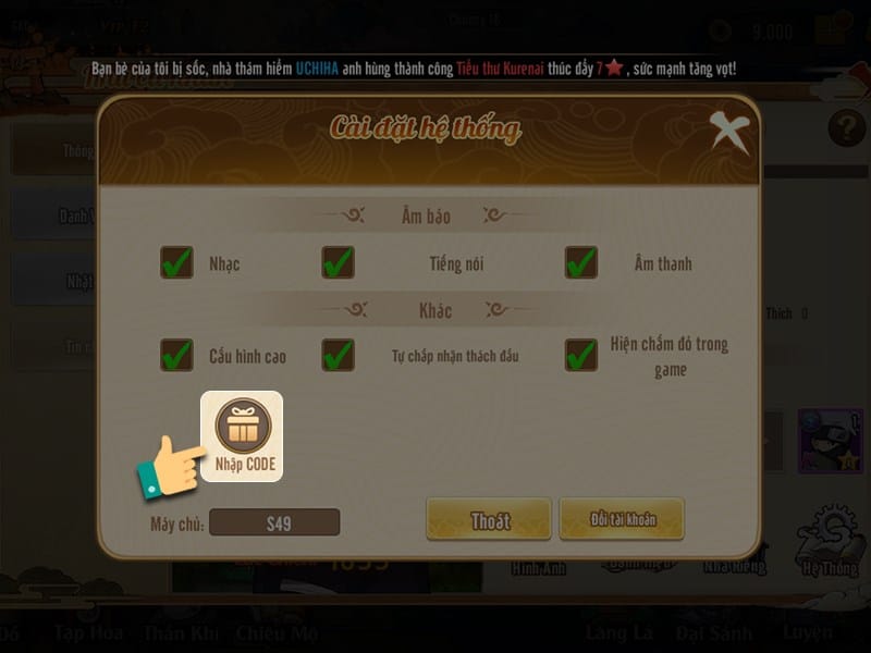 Bước 3 nhấn vào mục Nhập Code.
