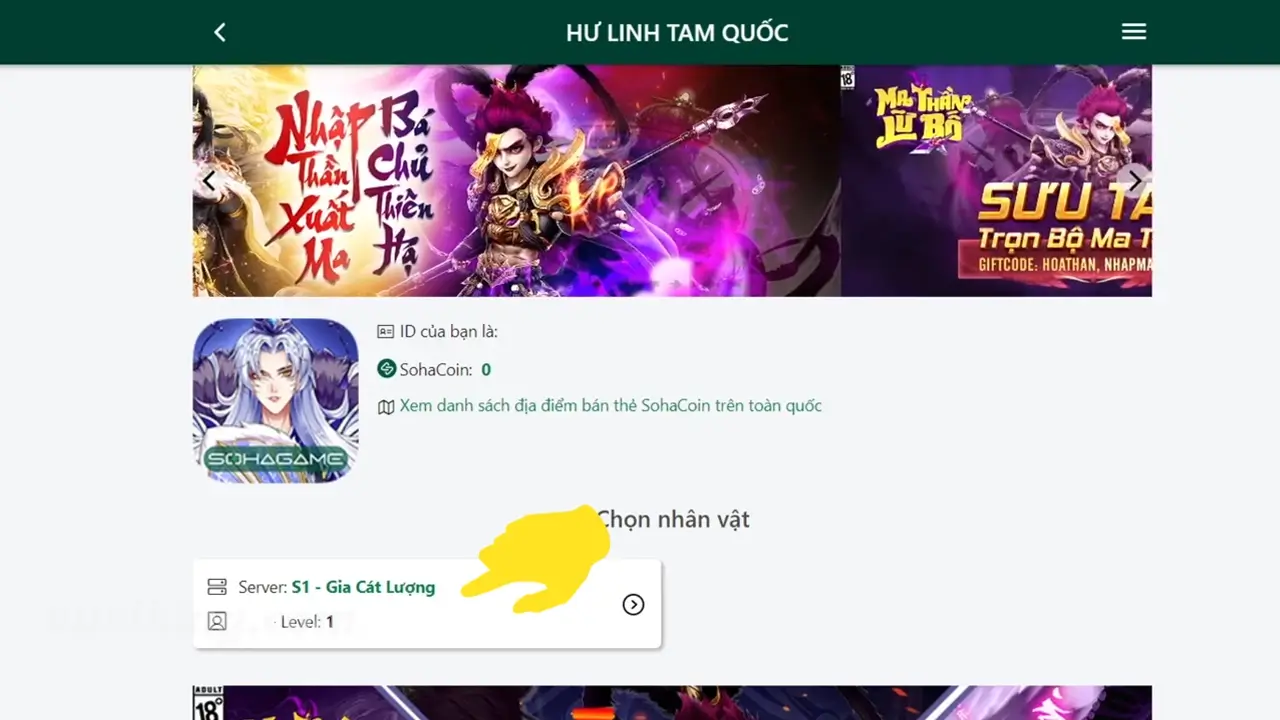 Cách nhập giftcode Hư Linh Tam Quốc - bước 1