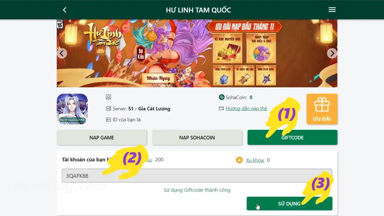 Cách nhập giftcode Hư Linh Tam Quốc - bước 2