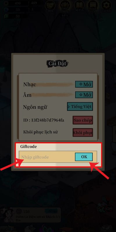 Cách nhập giftcode game Vương Quốc Âm Phủ - bước 2
