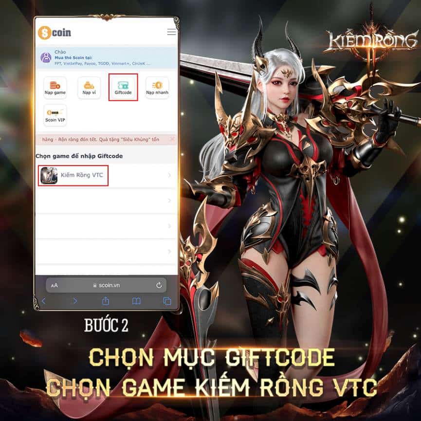 Chọn game Kiếm Rồng VTC, và chọn mục Giftcode.