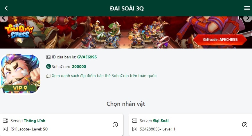 Chọn nhân vật và sever
