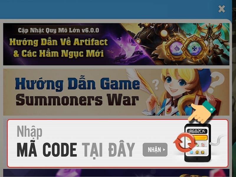 Chọn nhập mã code tại đây