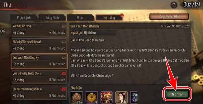 Chọn thư được hệ thống gửi về và nhấn Xác Nhận để thu thập phần thưởng.