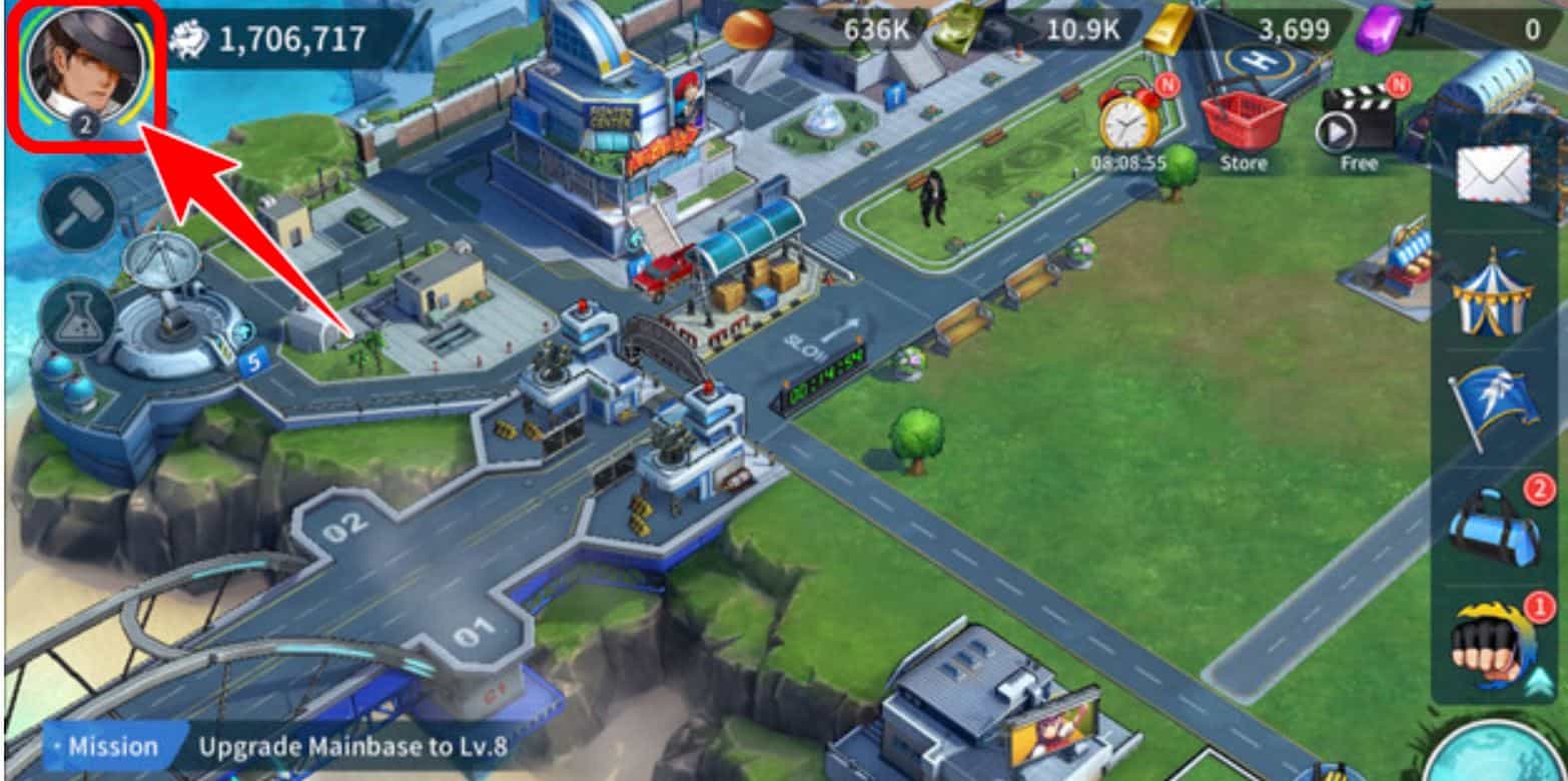 Đăng nhập vào game KOF Survival City, click avatar nhân vật.