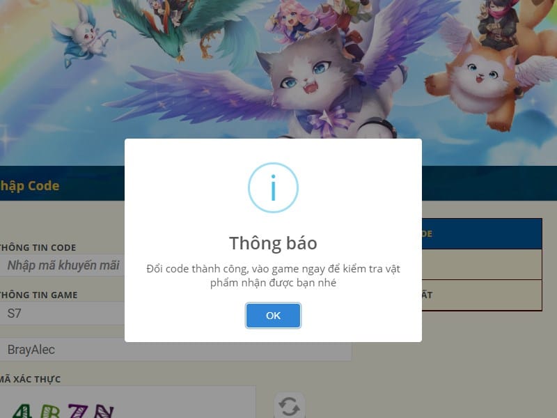 Hoàn thành việc nhập code thì bạn quay lại game để nhận quà.