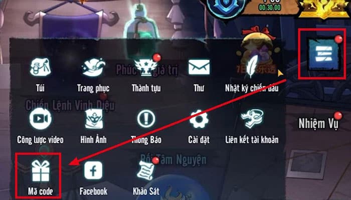 Nhấn chọn vào mục Mã code trong bảng menu.