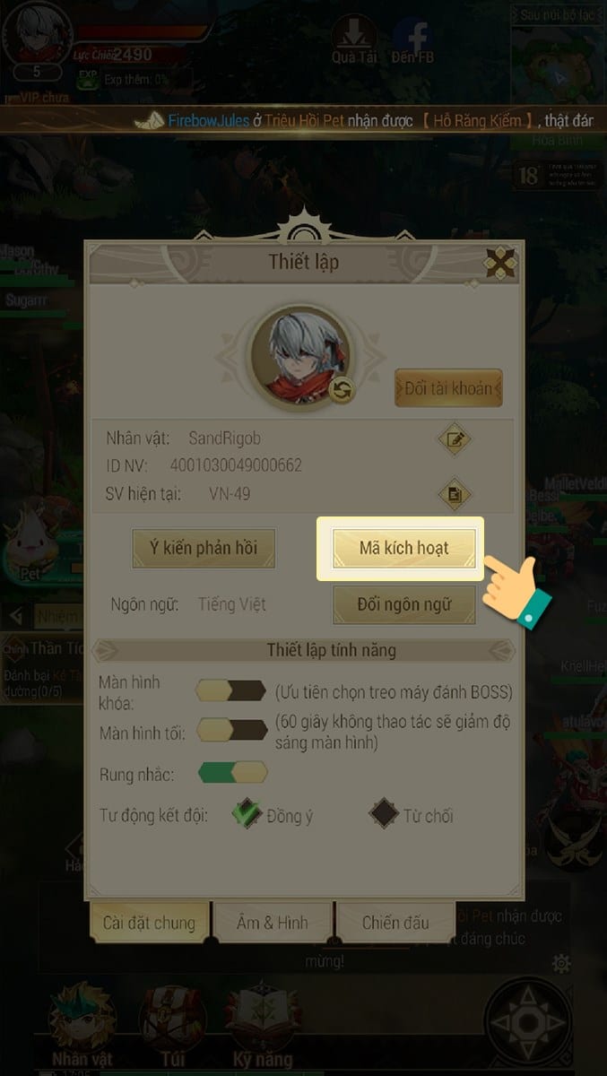 Nhấn tab mã kích hoạt