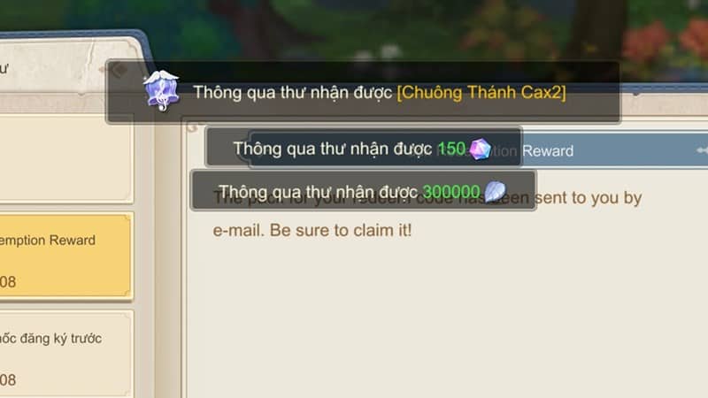 Nhận thưởng từ mã code.