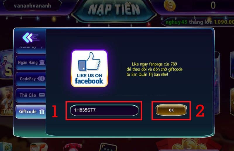Nhập chính xác mã giftcode mà bạn có vào ô trống rồi vào nút OK.