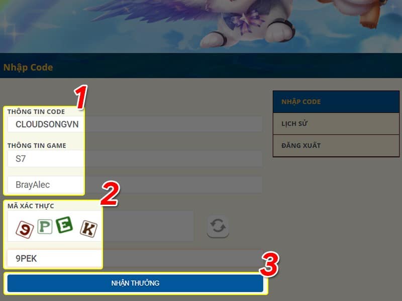 Nhập mã code, thông tin nhân vật trong game, mã xác thực.
