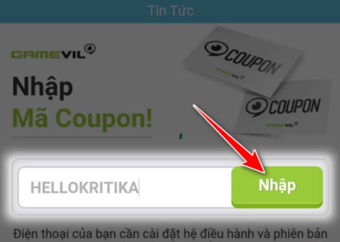 Nhập mã code vào khung rồi nhấn Nhập.