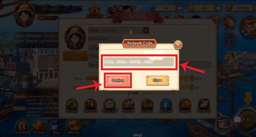 Nhập mã và nhấn nút Confirm để nhận phần thưởng.